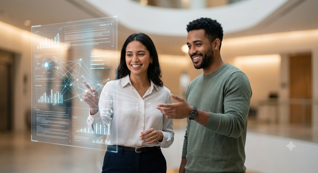 Membros de uma equipa de trabalho a colaborar e a discutir estratégia diante de uma projeção de dados gerada por inteligência artificial, ilustrando o fator humano.