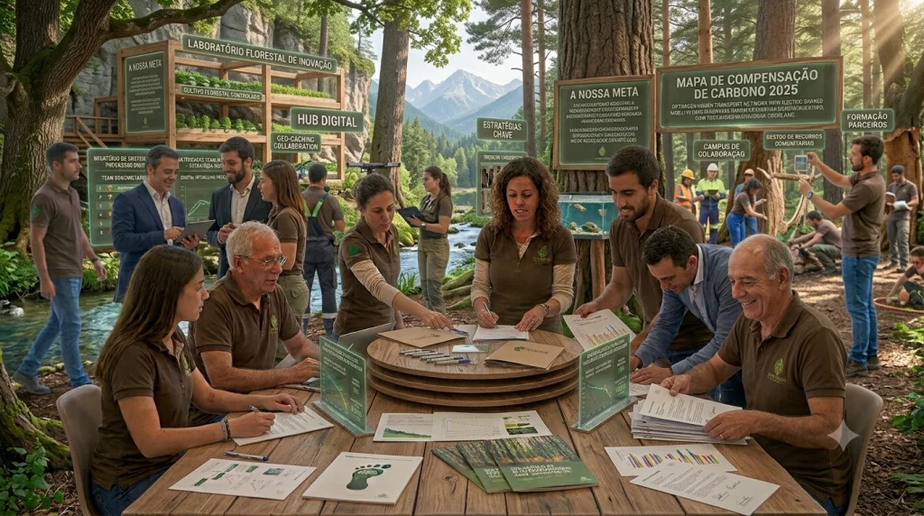 Uma equipa diversificada da Living Place colabora num ambiente de escritório ao ar livre numa floresta com stakeholders.