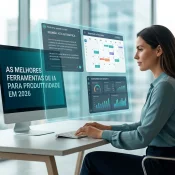 Pessoa a utilizar computador com múltiplos assistentes de inteligência artificial para otimização do trabalho em 2026.