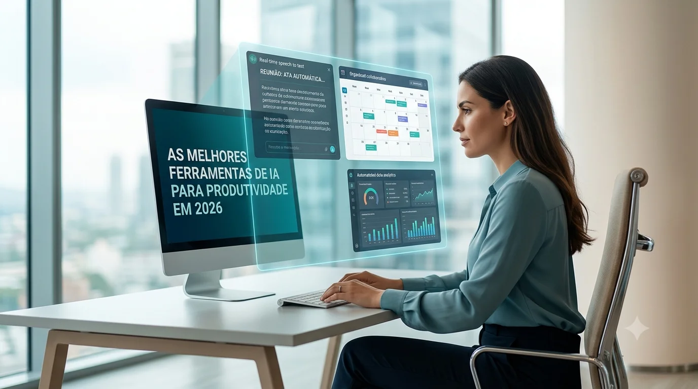 Pessoa a utilizar computador com múltiplos assistentes de inteligência artificial para otimização do trabalho em 2026.