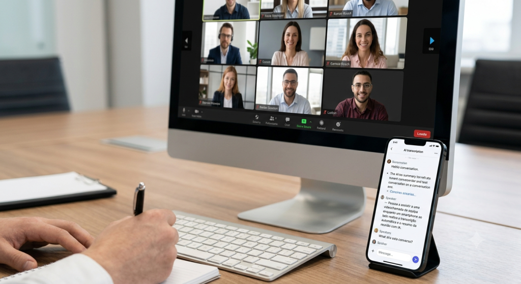 Pessoa a assistir a uma videochamada de equipa enquanto um smartphone ao lado realiza a transcrição automática e o resumo da reunião com IA.