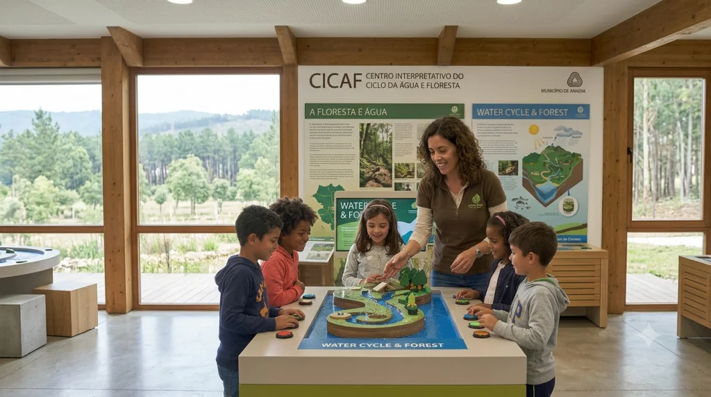 Crianças a interagir com maquete do ciclo da água e floresta no CICAF com a Living Place em Anadia.