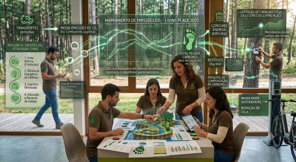 Equipa da Living Place a analisar o mapeamento de emissões de CO2 e estratégias de descarbonização em 2022.