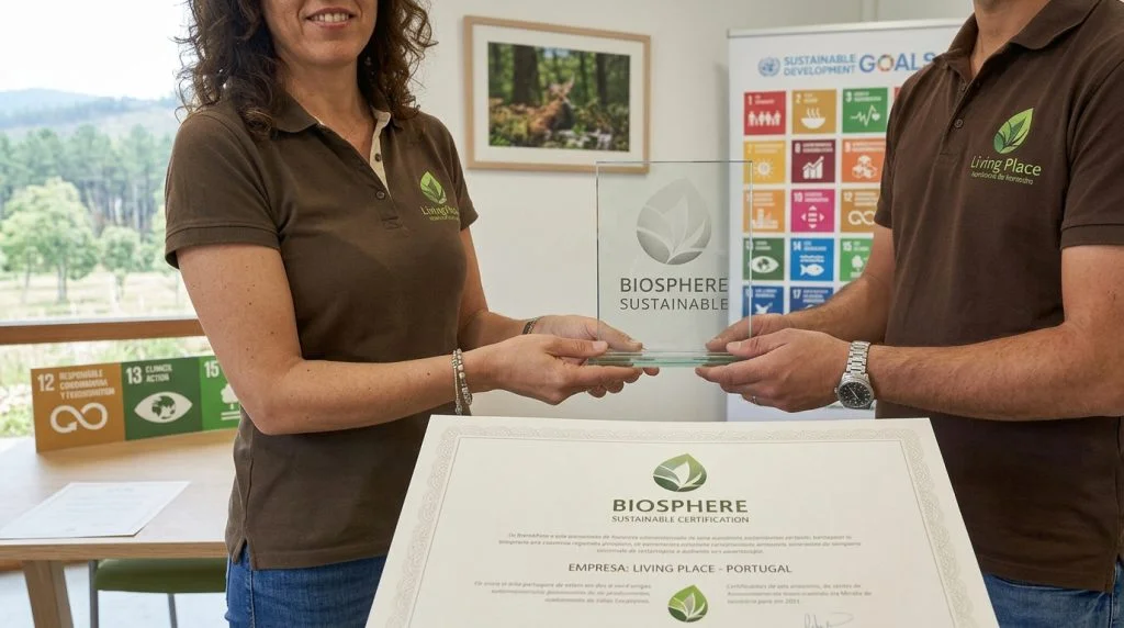 Equipa da Living Place a segurar o troféu e certificado de sustentabilidade Biosphere Internacional obtidos em 2021.