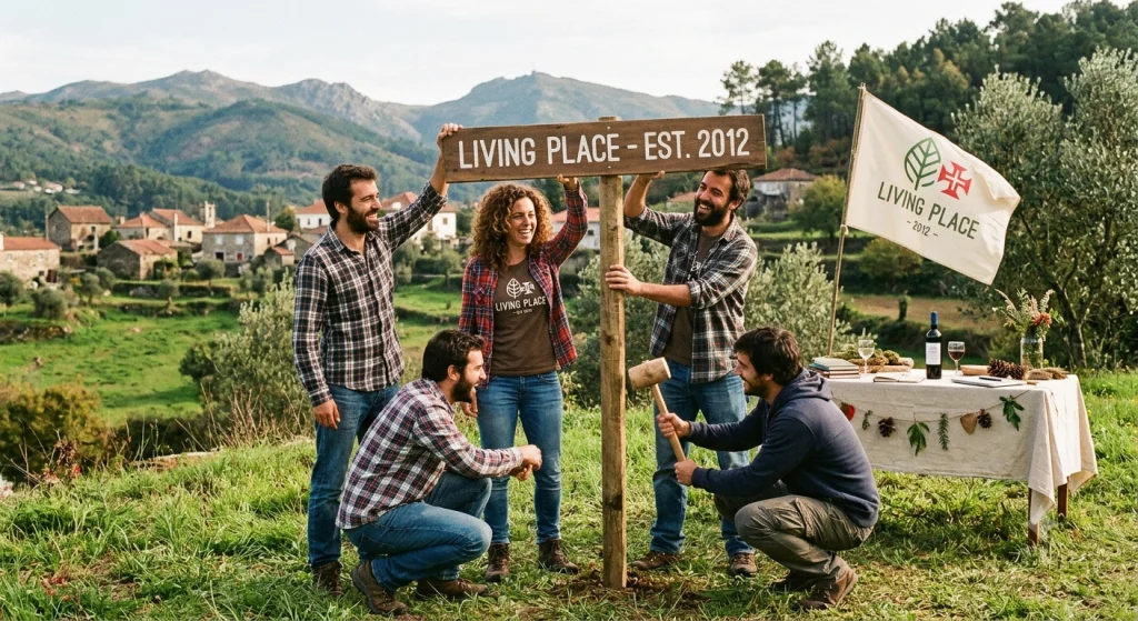 Nascimento da empresa Living Place em 2012. A imagem retrata um ambiente rural com 5 pessoas a colocar uma placa de madeira e a festejar.
