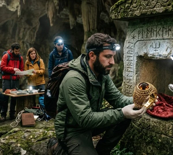 Imagem de pessoas numa caverna a decifrar enigmas para o Team Building A Maldição do Mago.