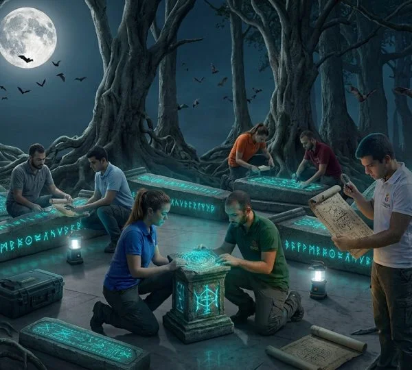Imagem noturna com a Lua Cheia, Morcegos a voar e árvores despidas, e com pessoas a decifrar enigmas inscritos em túmulos para o Team Building A Maldição do Mago.