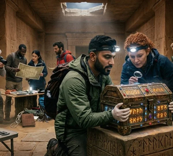 Imagem de um grupo de pessoas ano interior de um túnel com hieróglifos gravados nas paredes e com um Baú Mágico em cima de uma pedra para o Team Building A Maldição do Mago.