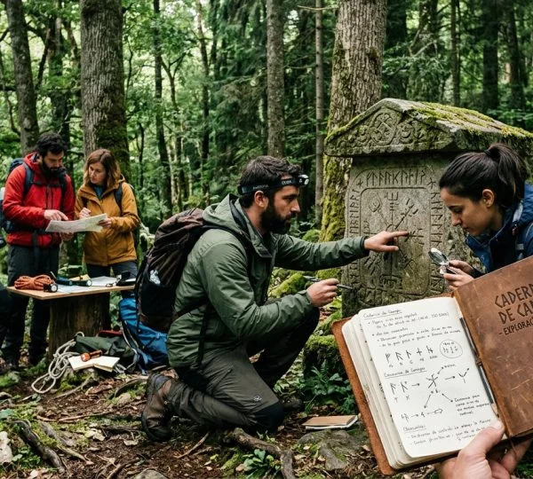 Imagem de pessoas na floresta a decifrar enigmas e a consultar um Caderno de Campo para o Team Building A Maldição do Mago.